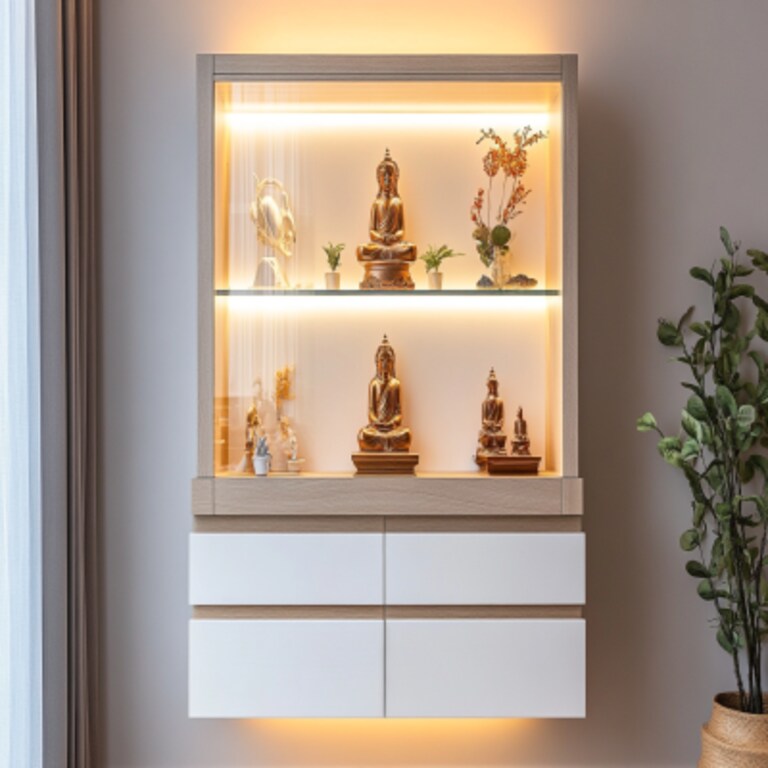 Modern Wall-Mounted Pooja Unit Design with Glass Doors and Drawer Storage